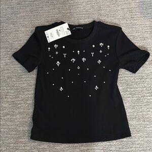 Zara small Black Embellished Women's short sleeve sweater rhinestones NWT